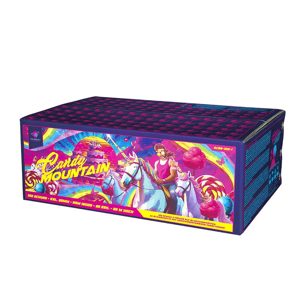 Albert Candy Mountain Verbundfeuerwerk – bunte 100-Schuss Fächerbatterie mit neonfarbiger Verpackung.