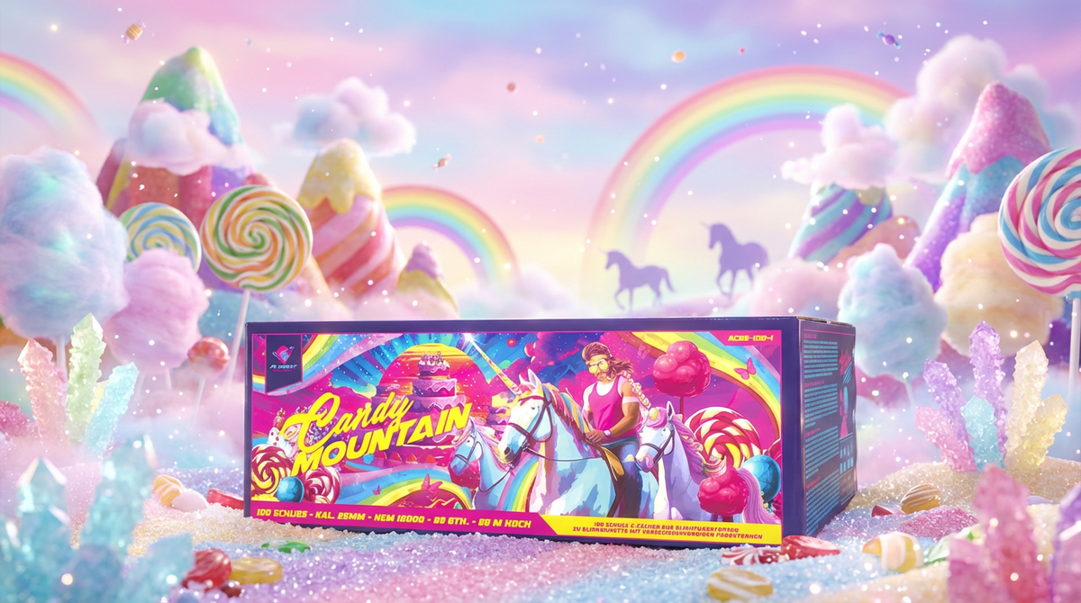 Albert Candy Mountain Feuerwerk im farbigen Candy-Setting mit Einhörnern, Regenbögen und bunter Fantasy-Szenerie.
