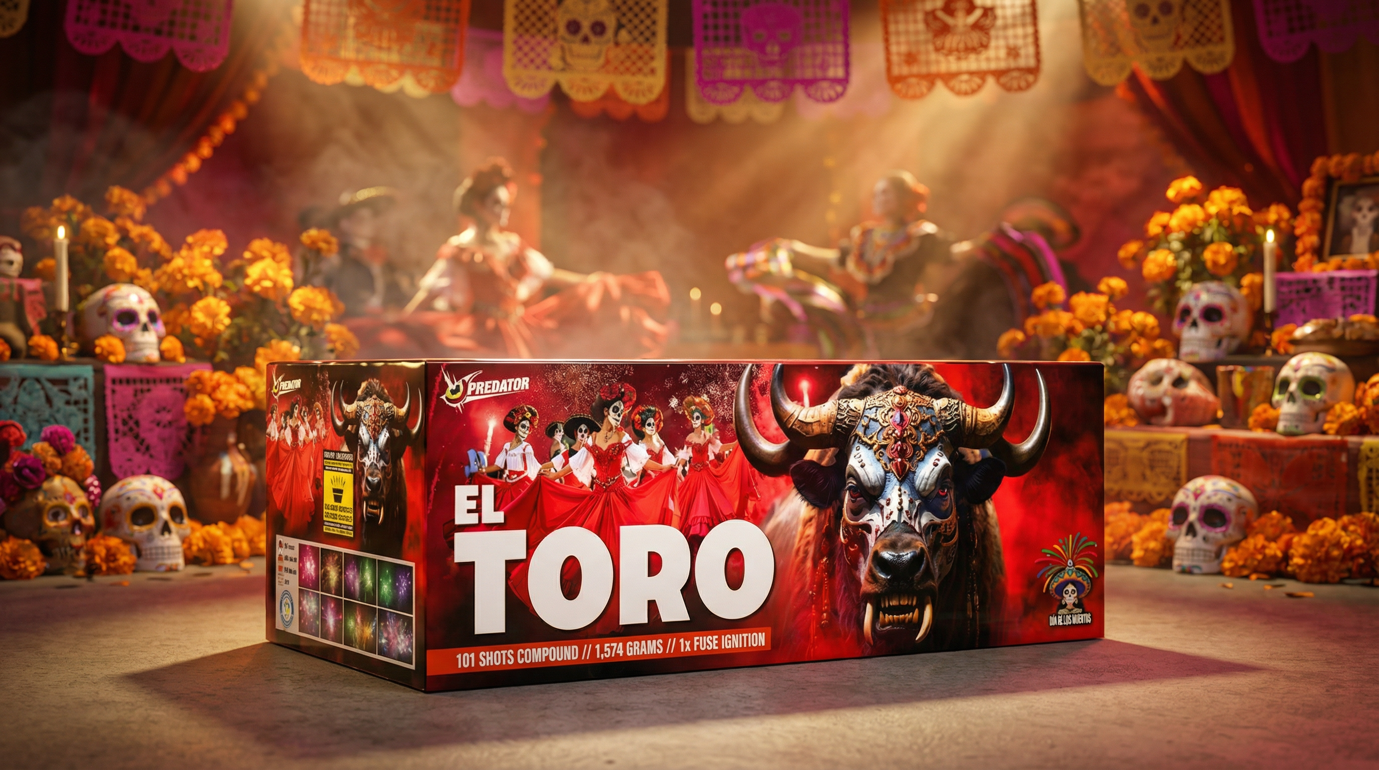 Feuerwerksbatterie im Dia de las Muertos Stil.