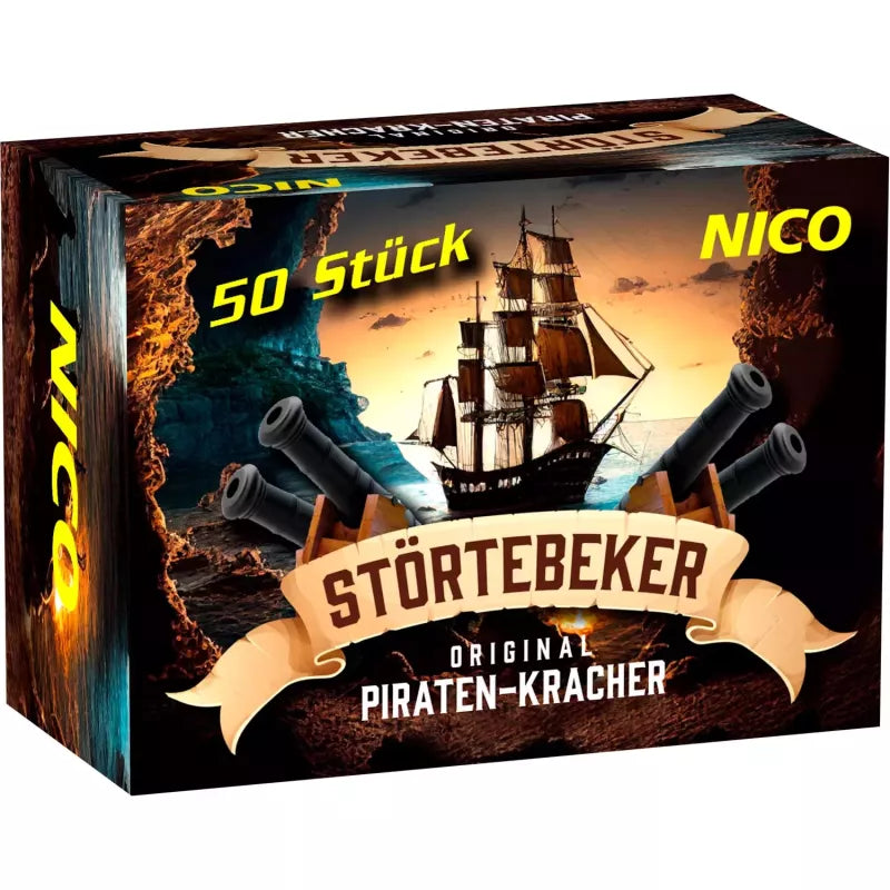 Nico Störtebeker Schwarzpulver-Knaller 50er Schachtel mit Piratenschiff im Hintergrund.